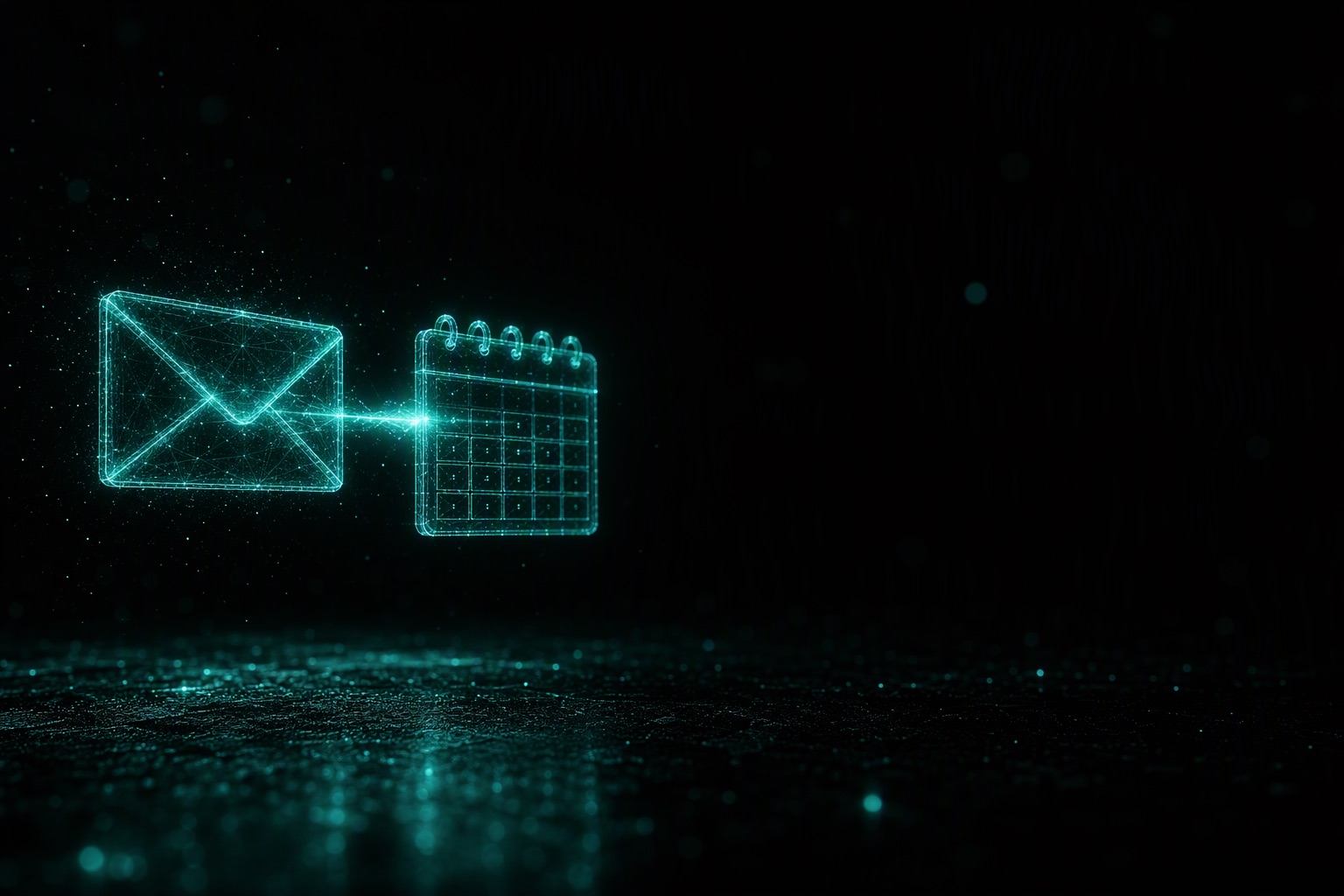 Ein leuchtender Briefumschlag und ein Kalenderblatt sind durch einen Lichtstrahl verbunden.